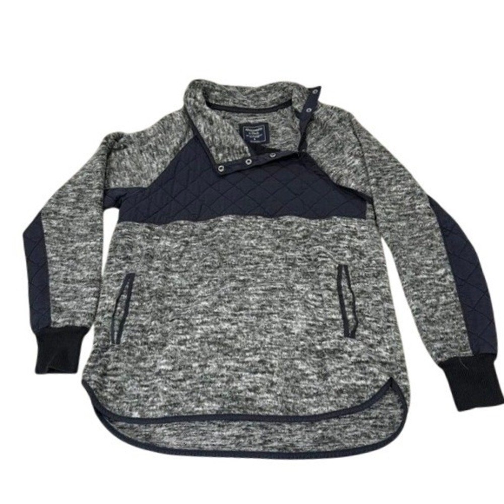 Abercrombie‎ & Fitch Grey Marl Quilted Snap Neck Fleece Pullover Sweater Medium